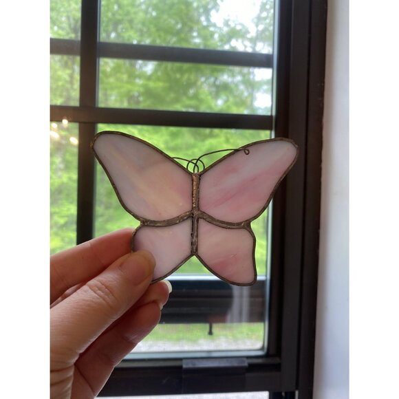 Handcrafted Stained Glass Pink Butterfly Hanger 3.5"x4.5" Window Or Wall Decor - Picture 2 of 4